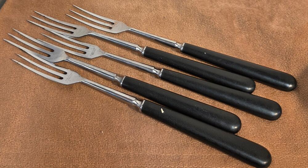 Vintage Sabatier France Fish Forks Set 5 Black Handle Stainless 9" Flatware